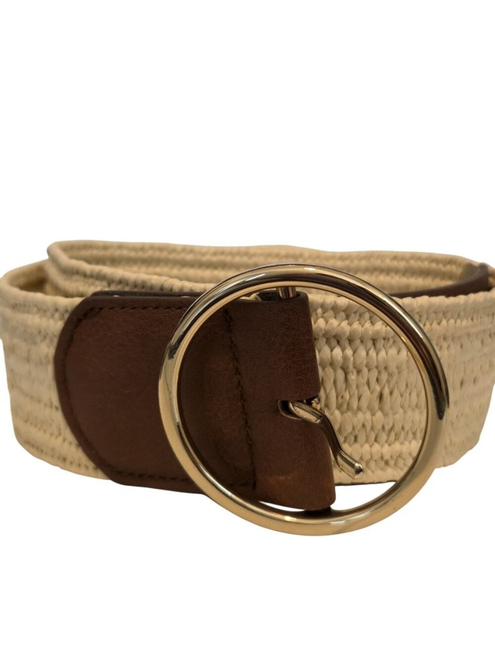 Faux Brown Leather Rafia Straw Stretchy Belt Womens Large